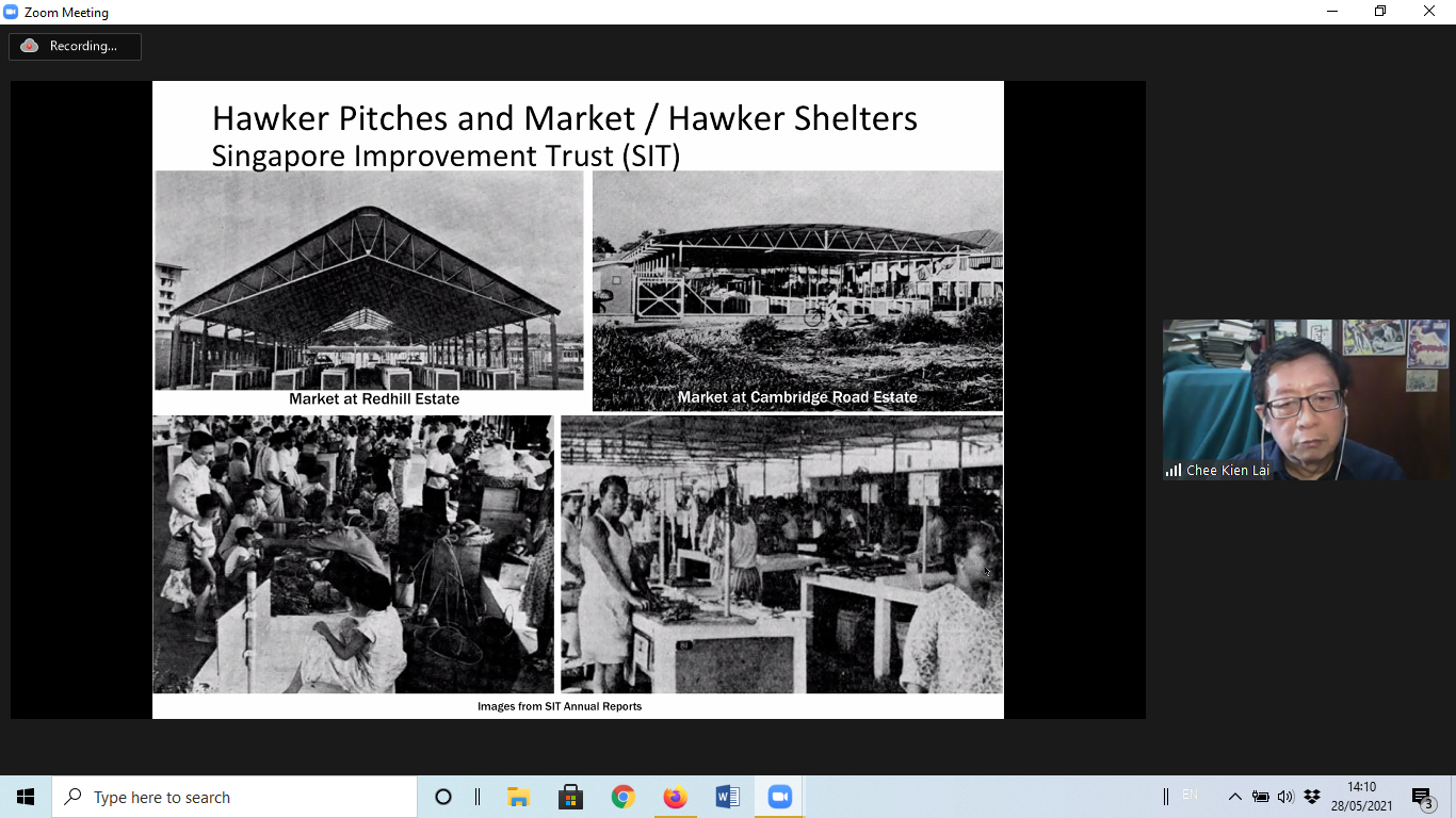 Webinar Title: Ambivalence for Itinerants: Hawkers and Hawker Centres in Singapore  Speaker: Dr Lai Chee Kien  Date: 28 May 2021  Reportage by Dodam Shin (IACS MA student, National Yang Ming Chiao Tung University)  Hawker Culture and Social Spaces in Singapore Webinar Description Hawker Culture in Singapore reflects a living heritage that resonates with people from all walks of life in Singapore. In celebration of the successful inscription of Hawker Culture onto the UNESCO Representative list of Intangible Cultural Heritage, the National Heritage Board will be organising a webinar series on Hawker Culture. This second and final session of the webinar explores: 1) the relationships between hawker culture and social spaces in Singapore, and 2) how this can play a role in promoting community identity and fostering inter-cultural understanding and appreciation in Singapore's context.  Hawker centres are a unique aspect of Singapore culture and lifestyle. They have been feeding generations of people from all walks of life. Dr Chee Kien Lai traced back to the late 19th to early 20th century to explain how Singapore’s hawker culture started. By 1903, because of the growing number of street hawkers, the British colonial authority felt that the hawkers were nuisances along the city streets and had to be controlled and managed. In 1908, the idea of "shelter for the hawker' was first proposed, the first phase of Singapore hawker history began. But due to high budget, it didn't practically take effect until 1908, when the police finally got authority to remove hawkers where street hawking was not permitted by the law.  In 1913, the Municipal Health Officer described street hawkers as obstructing streets in the city and wanted to promote the importance of food sanitation. Dr William Middleton, Singapore Municipality's first health officer, divided hawker food items into uncooked food )such as fish, pork, vegetables and fruit), and cooked food. He also made two hawker groups based on size of business, including those big enough to set up stalls on the street, and small businesses carrying baskets, not big enough to set up stalls. He suggested setting up hawker shelters for hawkers belonging to 2b group. The licensing of street hawkers started in 1915. Also shelters for hawkers were built one by one, at Telok Ayer (1921), People's Park (1923) and so on.  In 1950, the report of the hawker enquiry commission stated that “There is undeniably a disposition among officials ... to regard the hawkers as primarily a public nuisance to be removed from the streets.” Many issues, such as access to clean water and concentration of space without proper distance, need to be solved. This led to the construction of hawker shelters in new areas such as Tiong Bahru and Esplanade. After Singapore’s independence in 1965, along with the move to turn Singapore into the region’s business hub, the work of licensing hawkers and relocating them into more organised spaces picked up momentum.  Hawker center history began its third phase in 1971. Between the year of 1971 and 1986, 109 hawker centers were built all over the island, especially in residential areas. In 1972, the government transferred the Hawkers and Markets Department from the Ministry of Health to the Ministry of the Environment (MOE), and renamed it as the Hawker Department with 3 sections : 1) the registration and licensing 2) the planning and development 3) the enforcement section. Agencies and hawkers cooperate with each other for successful resettlement and improving hygiene levels, providing access to amenities such as clean water and proper waste disposal. By the late 1970s, the street hawkers left in the city operated at car park food stalls. They were eventually resettled to new hawker centers built in the city like Cuppage Road Hawker Centre, Maxwell Food Centre, and Newton Food Centre, just to name a few, which later became popular with tourists.  HIstory of hawker centers shows the forces that have shaped hawker culture in Singapore today. Hawker centres ended street hawkers in Singapore and what emerged after the 1970s is a hawker culture that is familiar and celebrated in Singapore. Today, hawker centers play an important role as a community dining room and symbol of Singapore's identity. Its 'openness' and 'publicness' are two distinguishing factors that make it different from food courts commonly built in shopping malls.